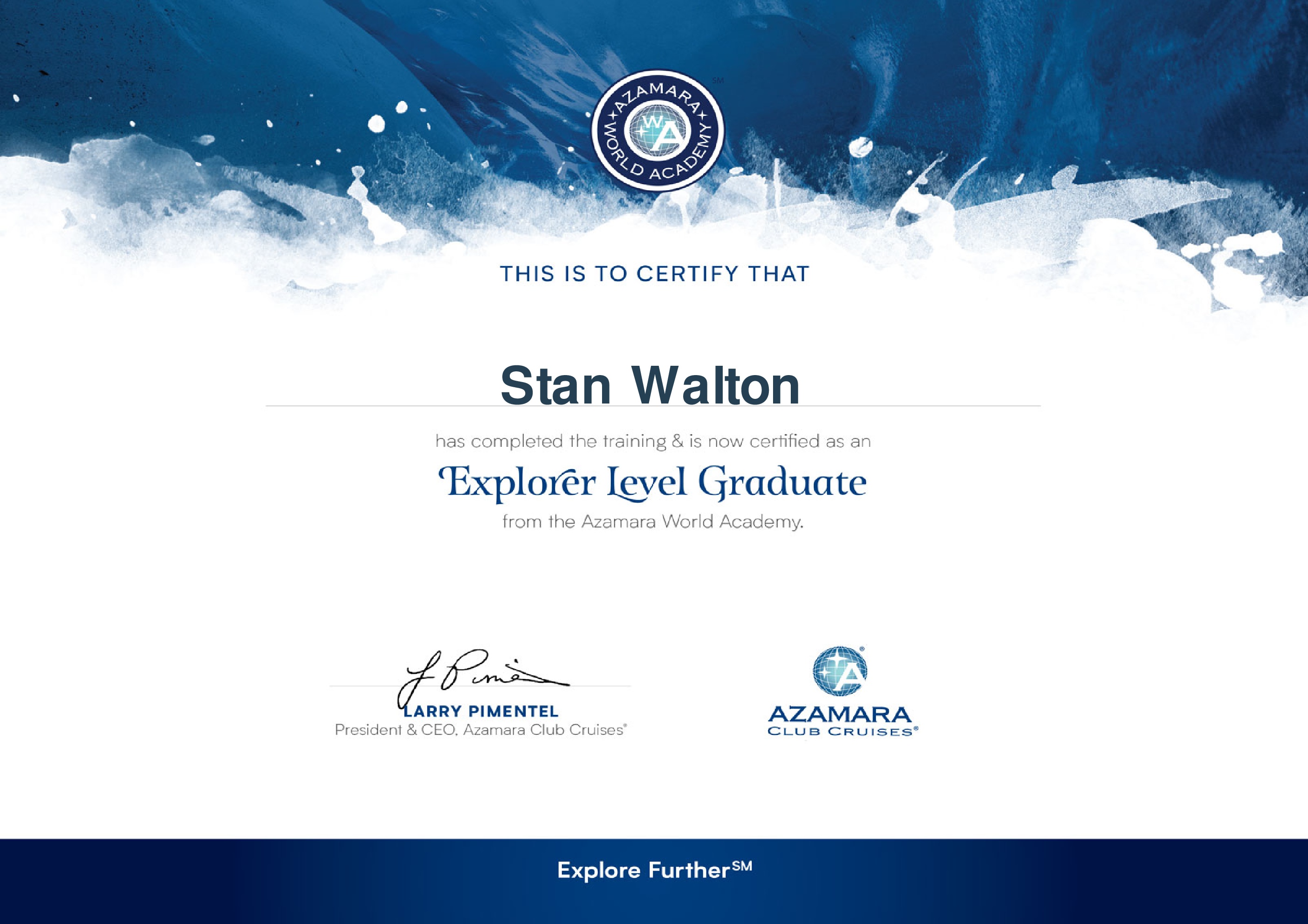 Azamara Explorers Certificate